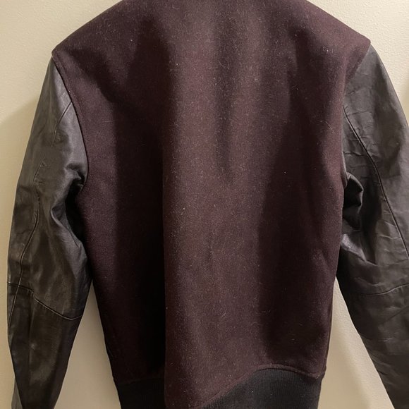 Men's CLUB MONACO XS Burgundy Wool & Black Leather Bomber Jacket Extra Small - Picture 5 of 9